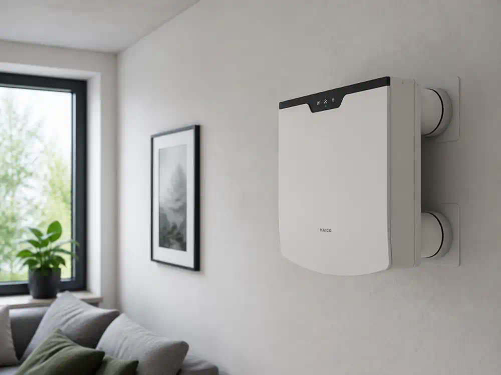 Dezentrale Wohnraumlüftung als Wandgerät in einer Wohnung zur kontrollierten Be- und Entlüftung einzelner Räume