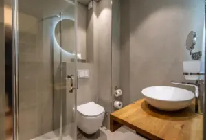Modernes kleines Badezimmer mit Dusche, wandhängendem WC und Holzwaschtisch