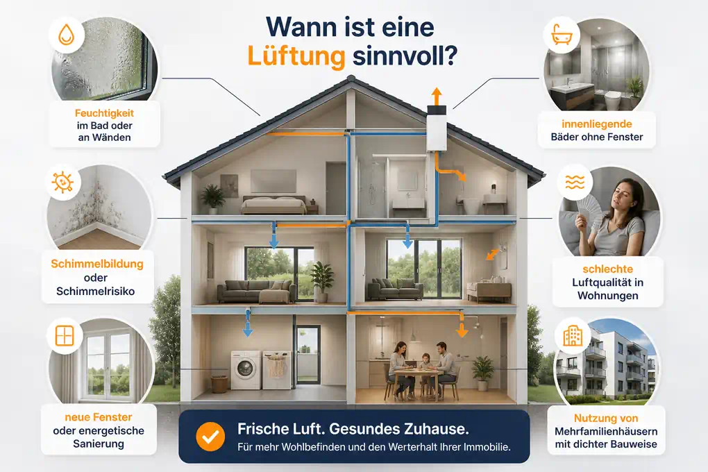 Infografik zur Lüftung mit typischen Problemen wie Feuchtigkeit, Schimmel, schlechter Luftqualität und energetischer Sanierung