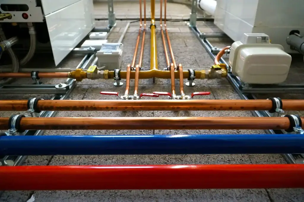 Trinkwasserinstallation mit Kupferleitungen und Absperrventilen im Technikraum