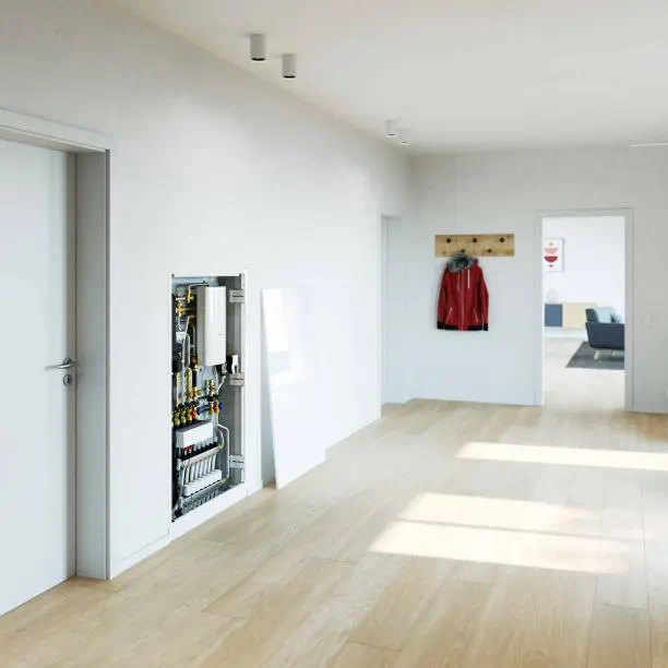 Wohnungsstation für Heizung und Warmwasser in moderner Wohnung installiert