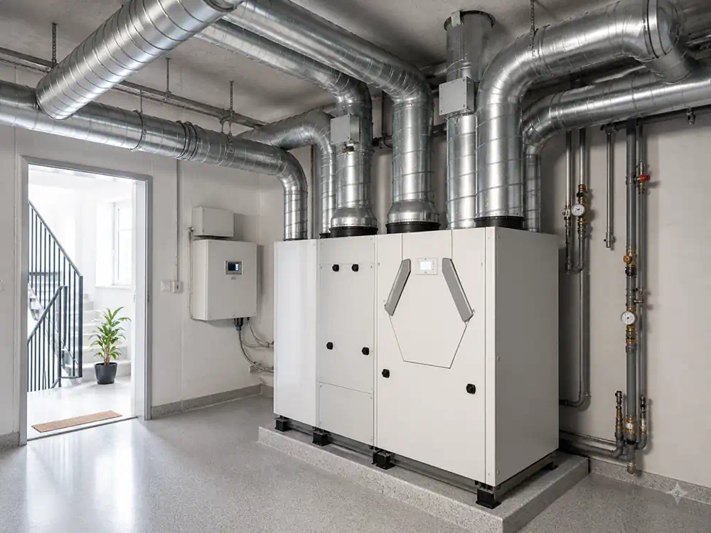 Zentrale Lüftungsanlage in einem Technikraum mit Luftkanälen zur Versorgung eines gesamten Gebäudes